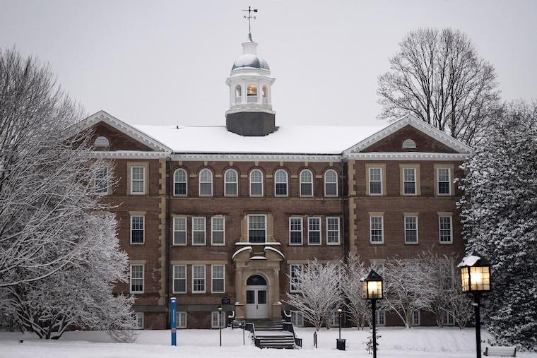 Washington College's Smith Hall in the snow. 